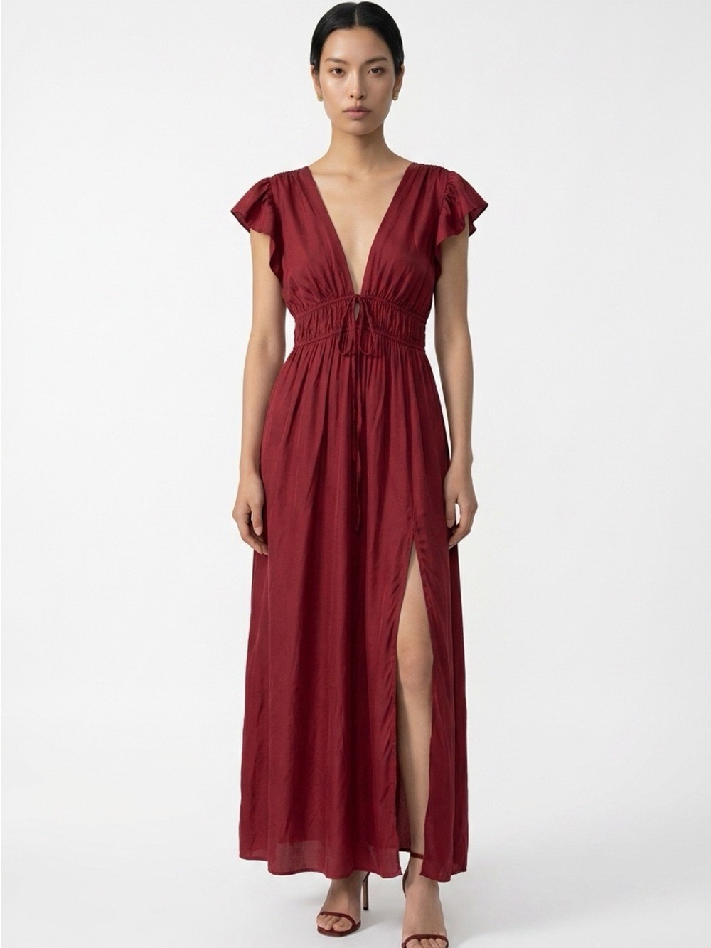 2117 - deep plunge V-neck maxi dress in a rich burgundy/wine red shade.